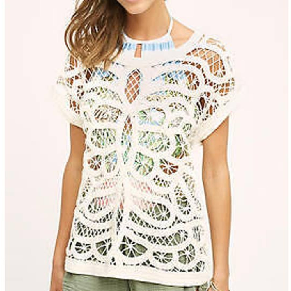 Anthropologie Isy & Ki Cream Large Crochet Knit Cover Up Sweater